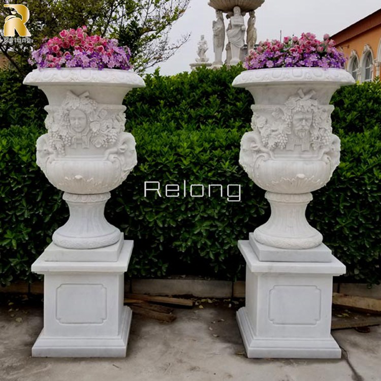 High Quality Pair of White Marble Planter with Figure for Garden Decor