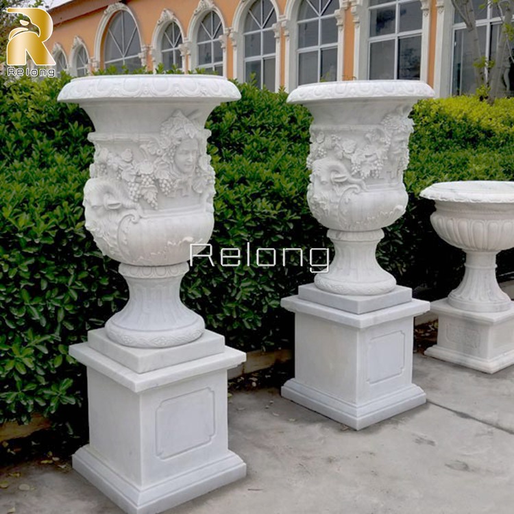 White Marble Planter with Figure for Garden Decor