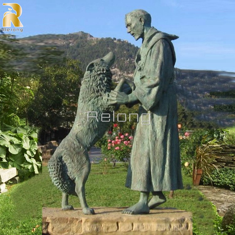 Copper-Saint-Francis-Statue-and-Wolf-Bronze-Sculpture