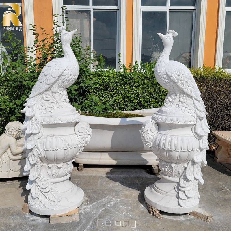 Large White Marble Peacock Planter for Garden Decor RMP-003