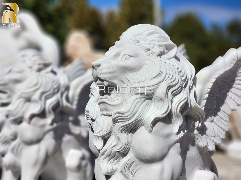 details of white marble lion statues