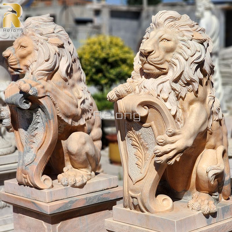 hand carved lion statue with shield