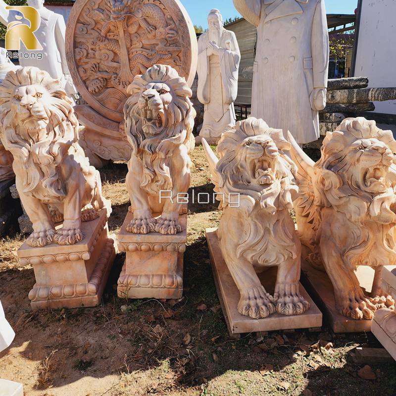 hand carved marble lion statues