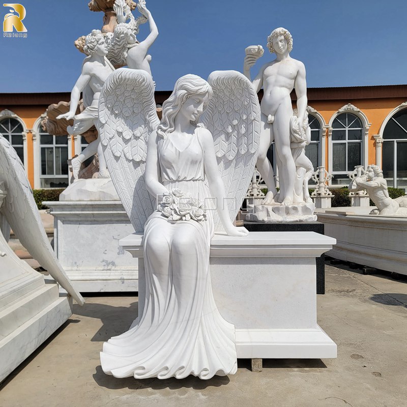 White Marble Angel Holding Flower Tombstone Manufacturer RMAT-004