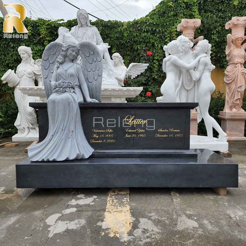 Custom Black Marble Gravestone with Angel Statue for Sale RMAT-003