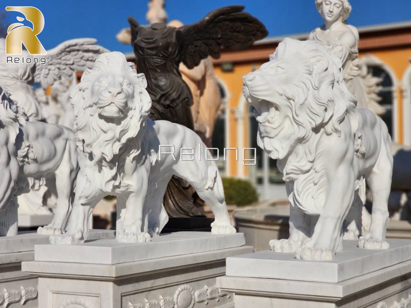 white marble standing lion statue