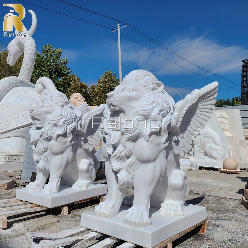 Hand Carved White Marble Winged Lion Sculpture for Sale RMLS-003