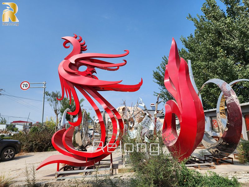 red metal phoenix garden statue