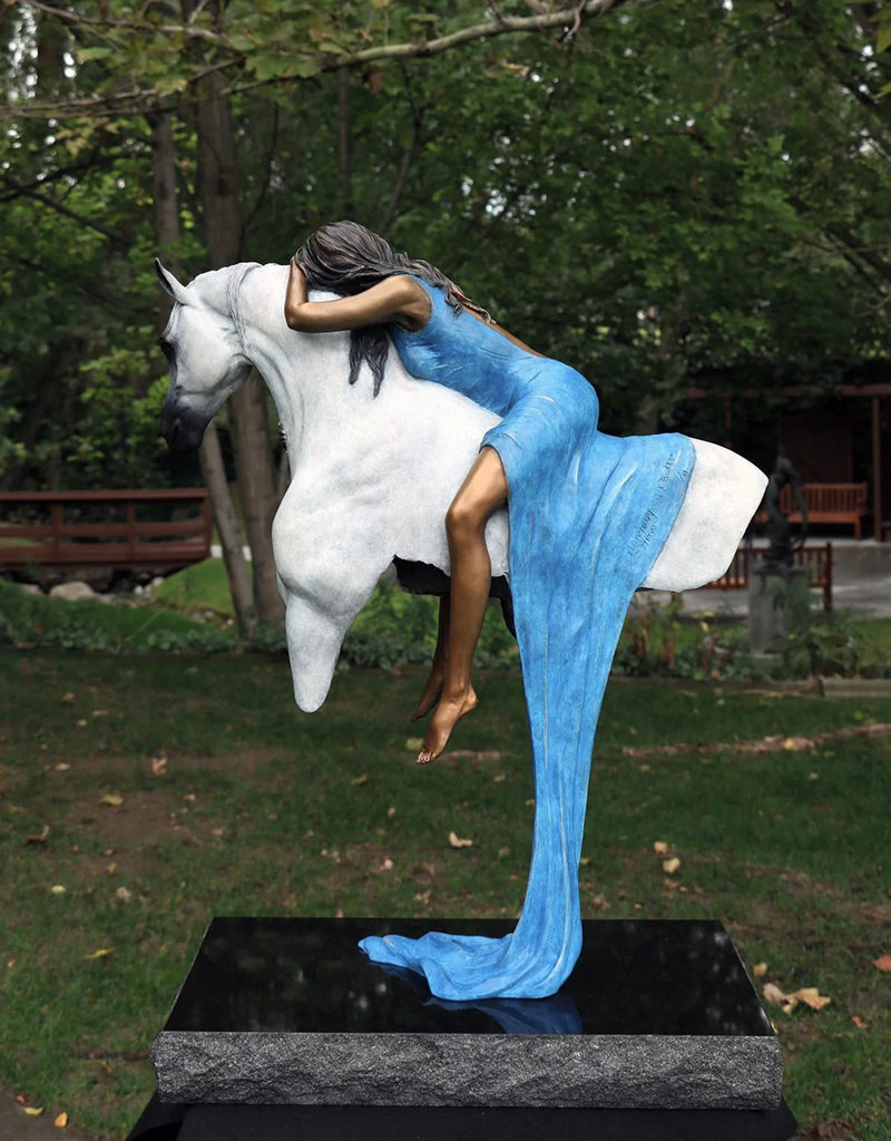 bronze girl and horse sculpture for outdoor