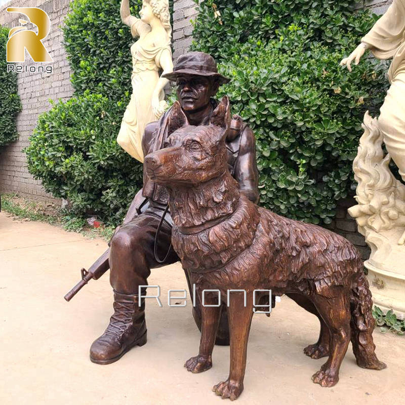 custom life size bronze soldier and dog statue