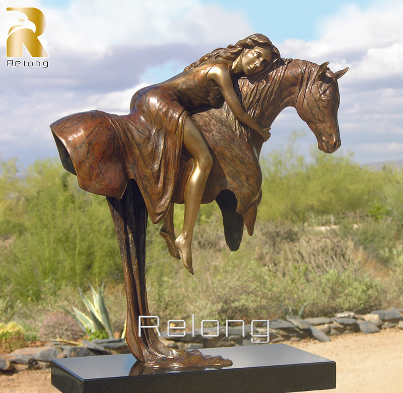 outdoor bronze girl and horse sculpture