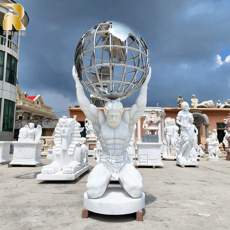 natural white marble atlas holding the world sculpture