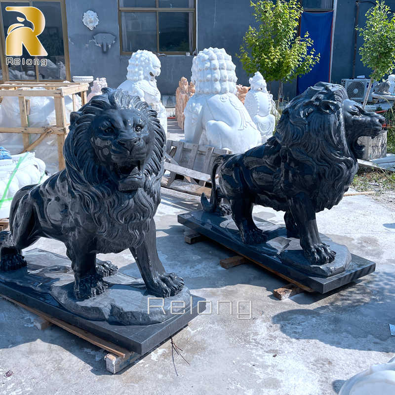 Large Black Marble Lion Statues Outdoor Guardian Decor - Relong Art ...