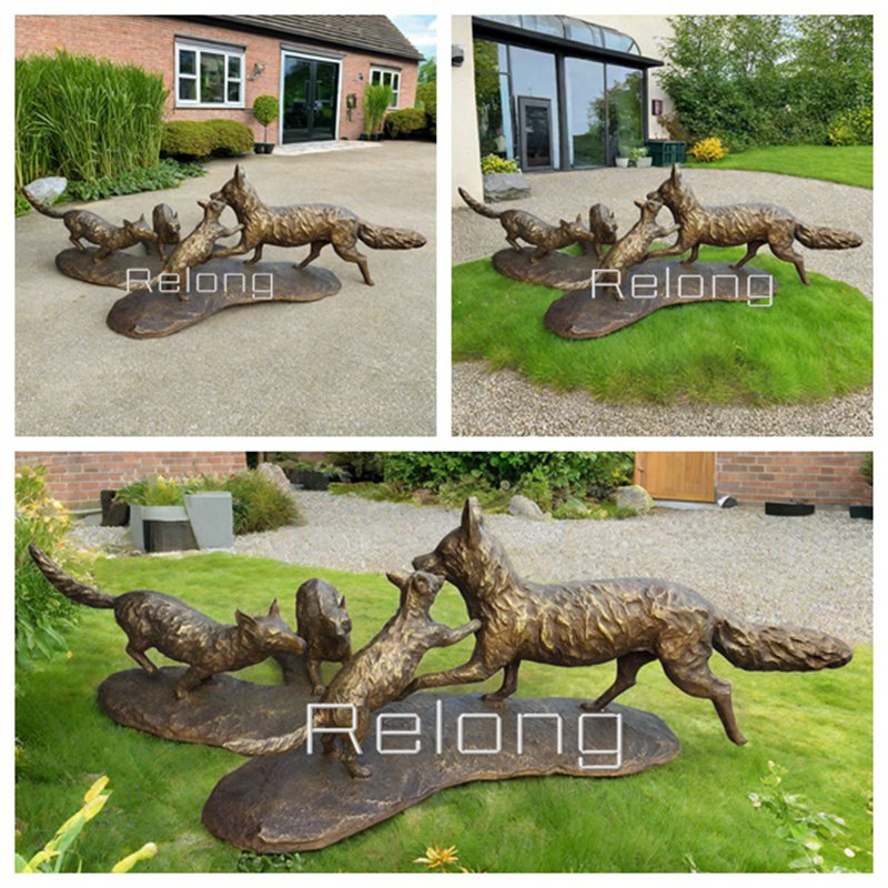 Custom High-Quality Bronze Fox Family Statue for Garden Decor (7)