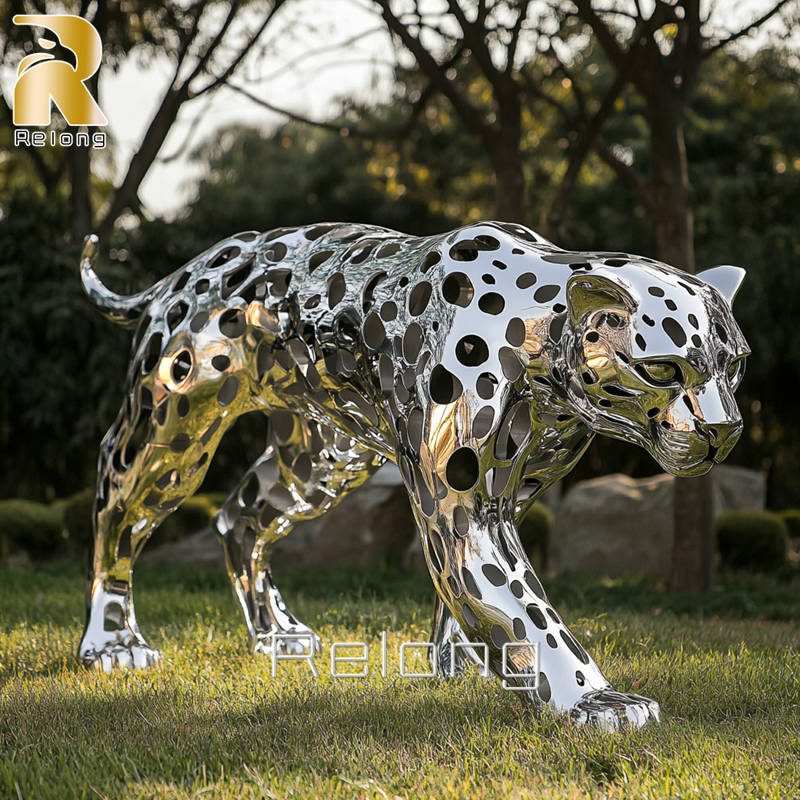 Mirror Polished Metal Leopard Statue for Sale RMAL-013