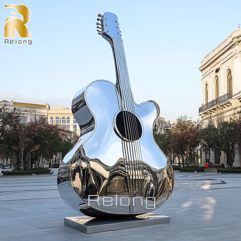 outdoor mirror polished guitar sculpture