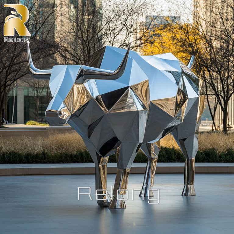 life size abstract stainless steel bull sculpture