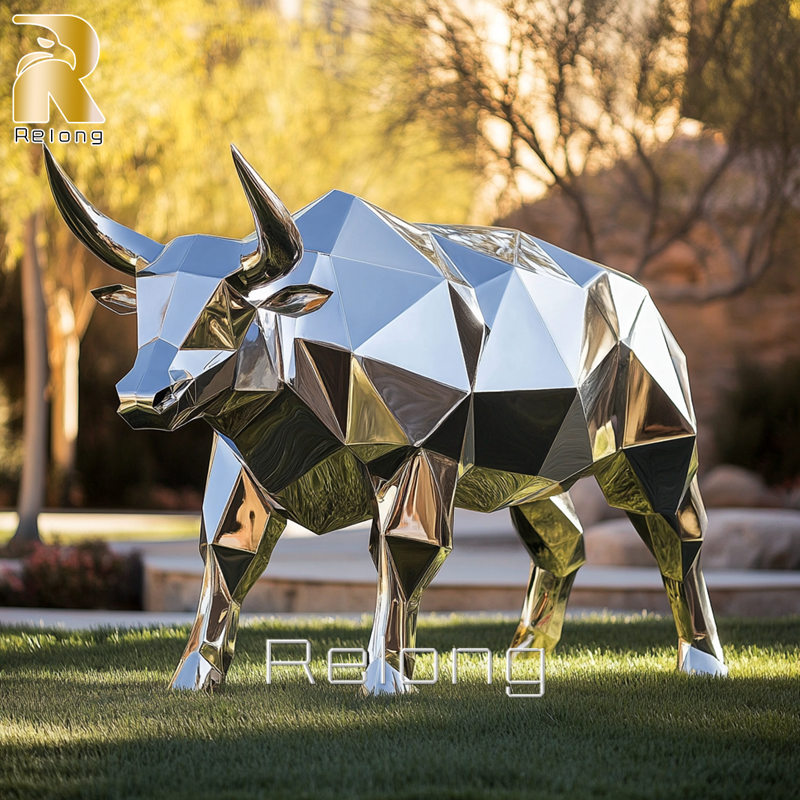 modern mirror stainless steel bull sculpture