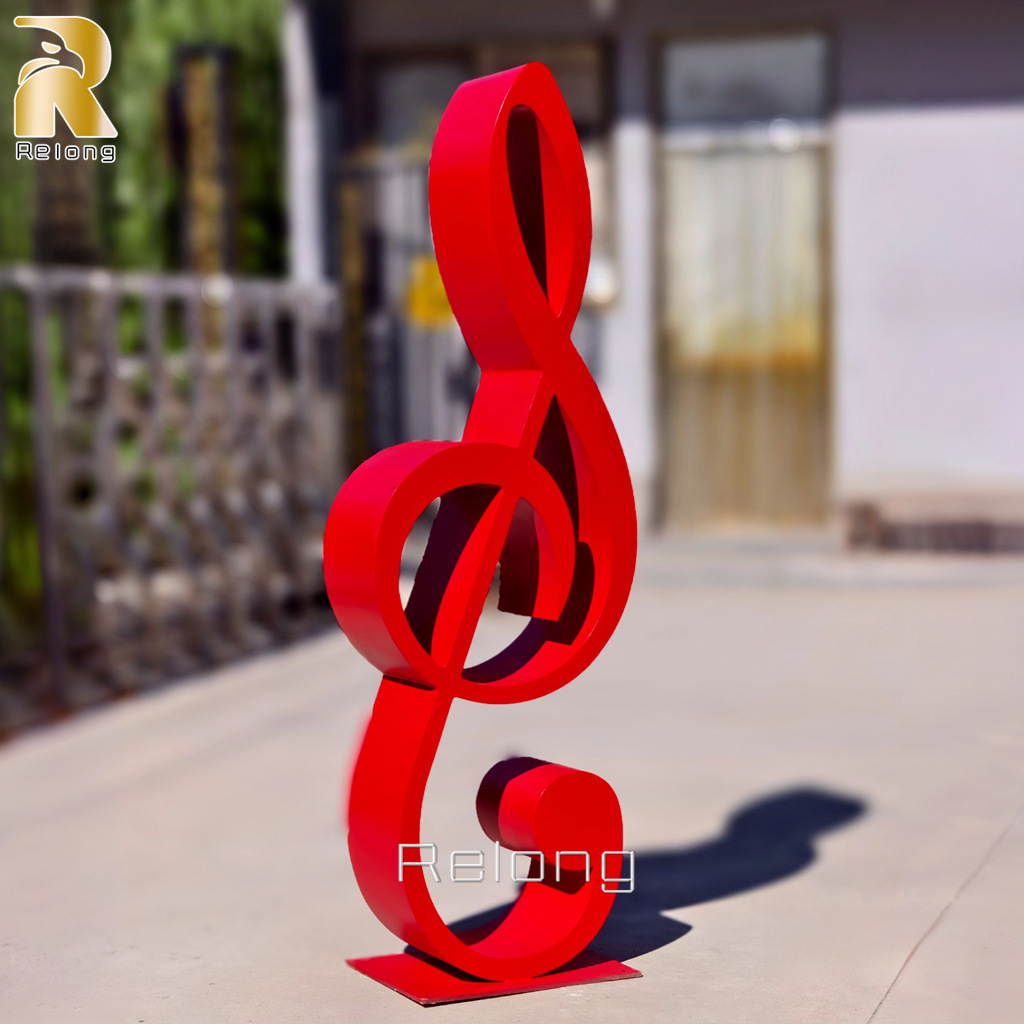 red stainless steel music note sculpture